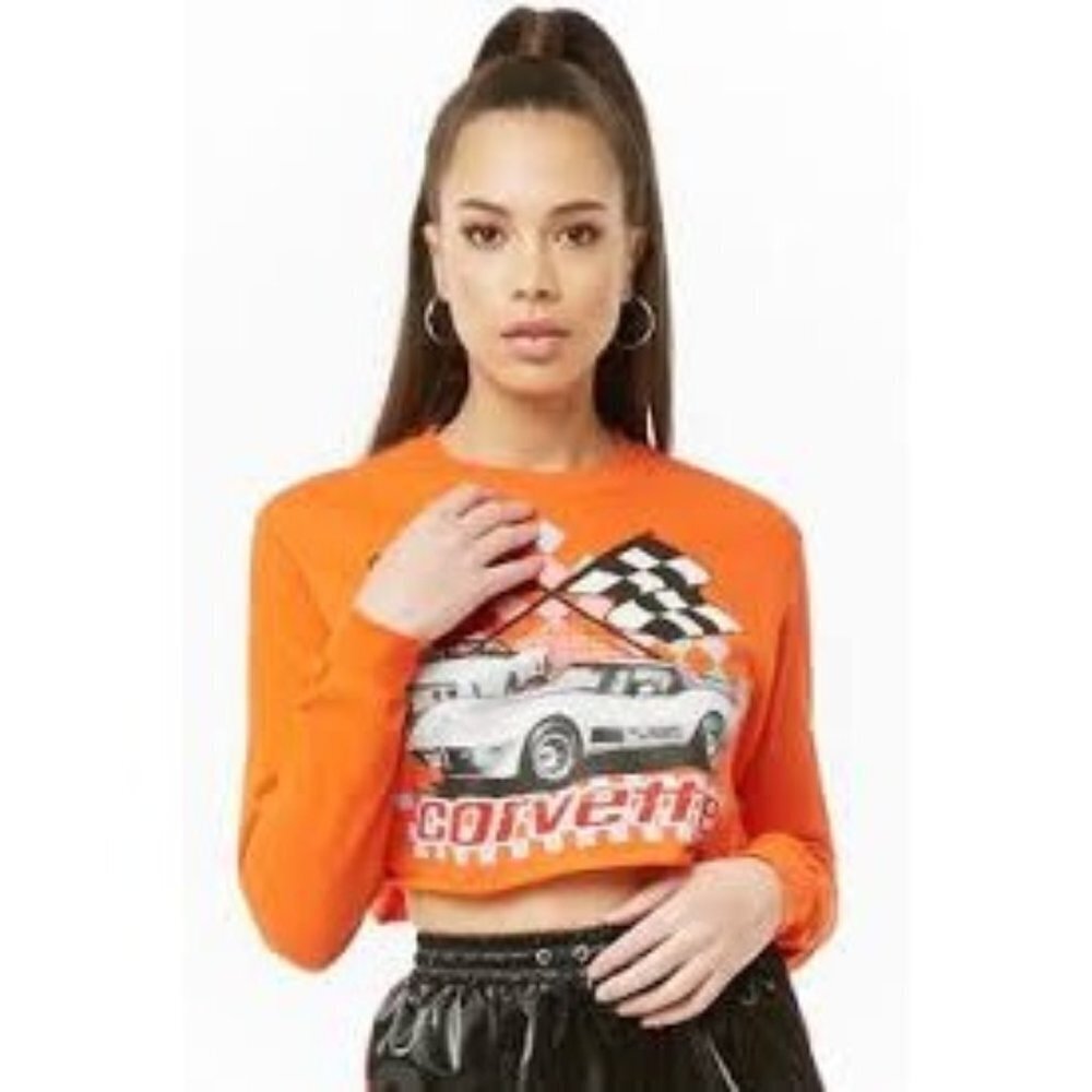 Corvette Shirt Women's M Orange Long Sleeve Crop Top Graphic Tee Moto Racecar